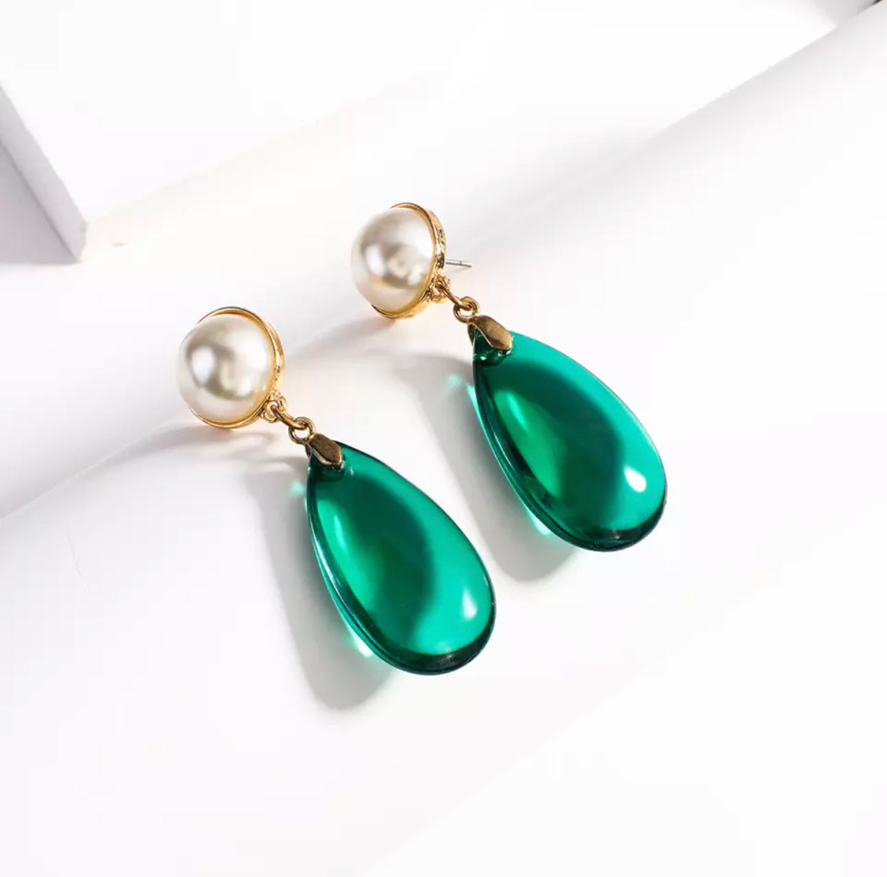 Green drop earrings with pearl studs